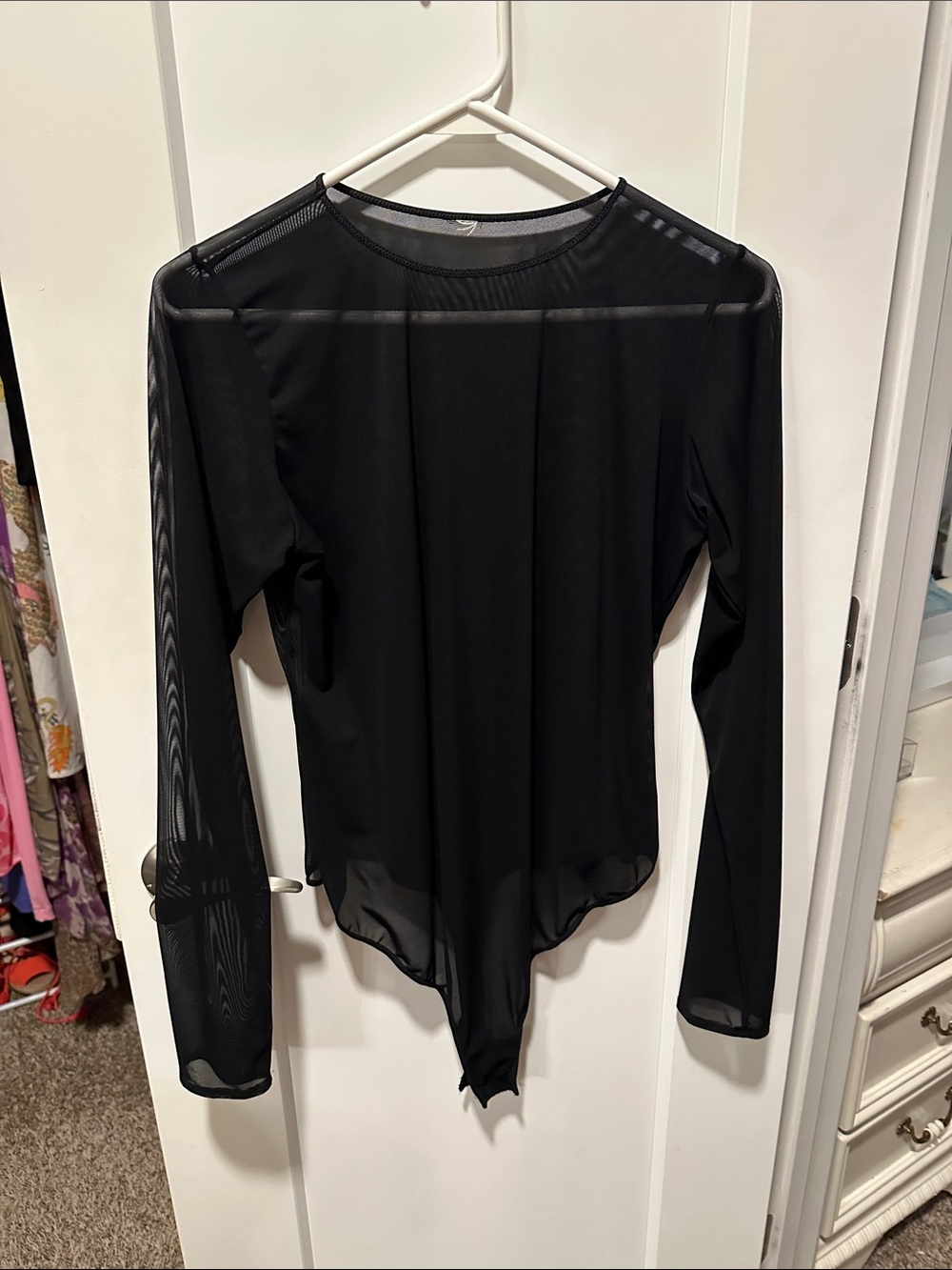 Black Sheer Long-Sleeve Thong Bodysuit